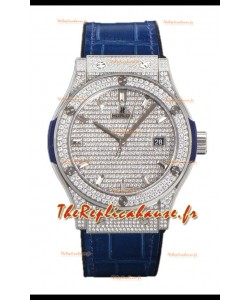 Hublot Classic Fusion Automatique Acier Diamants Cadran Pavé Bracelet Bleu 42MM Montre Réplique Superclone 