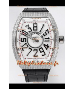 Franck Muller Vanguard Crazy Hours en acier inoxydable diamants - Cadran blanc Réplique Suisse 