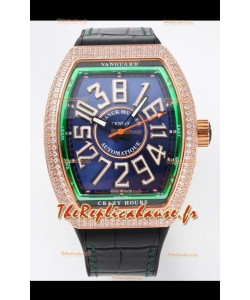 Franck Muller Vanguard Crazy Hours en or rose diamants - acier cadran bleu Réplique Suisse 