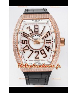 Franck Muller Vanguard Crazy Hours Or Rose Diamants - Cadran Blanc Réplique Suisse 