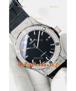 Hublot Classic Fusion Acier Inox Diamants Cadran Noir Réplique Montre Suisse 1:1 Qualité Miroir 