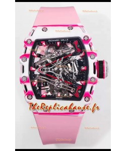 Richard Mille RM38-02 Carbone blanc/rose Bubba Watson Mouvement tourbillon en caoutchouc rose Réplique miroir 1:1