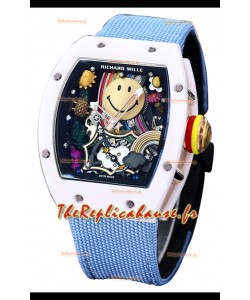 Richard Mille RM088 Smiley Tourbillon Boîtier Céramique Blanc Bracelet Nylon Bleu Réplique Montre 