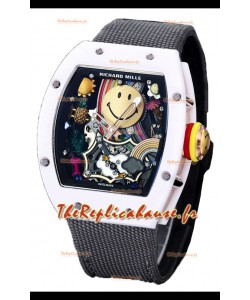 Richard Mille RM088 Smiley Tourbillon Boîtier Céramique Blanc Bracelet Nylon Gris Réplique Montre 