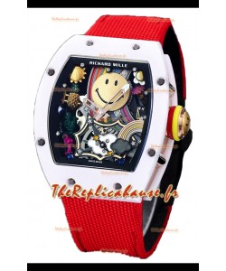Richard Mille RM088 Smiley Tourbillon Boîtier Céramique Blanc Bracelet Nylon Rouge Réplique 