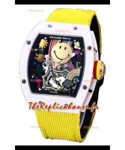 Richard Mille RM088 Smiley Tourbillon Boîtier céramique blanc Bracelet nylon jaune Réplique Montre