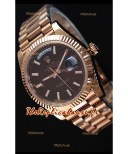 Réplique de montre Rolex Day Date Japonaise - Boîtier en or rose et cadran marron 40MM