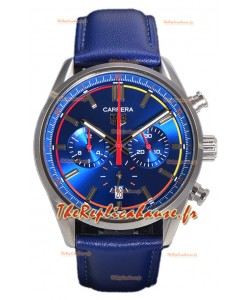 Tag Heuer Carrera Swiss Quartz Movement Réplique Montre cadran bleu - Bracelet cuir bleu