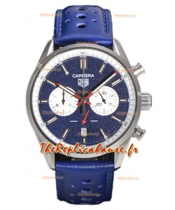 Tag Heuer Carrera Chronograph 43 Swiss Quartz Réplique Montre Cadran Bleu Bracelet Cuir 
