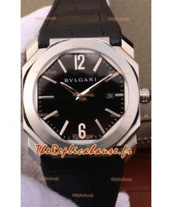 Montre Bvlgari Octo Roma Edition 1:1 Réplique Miroir dans un boîtier en acier 904L - Cadran noir - Bracelet en cuir