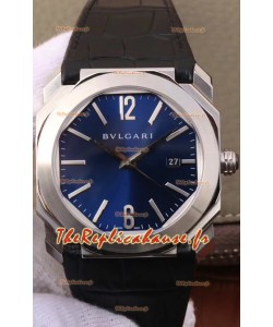 Montre Bvlgari Octo Roma Edition 1:1 Réplique Miroir en Acier 904L - Cadran Bleu Profond Bracelet en Cuir