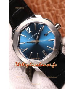 Montre Bvlgari Octo Roma Edition 1:1 Réplique Miroir en Acier 904L - Cadran Bleu Acier - Bracelet Cuir