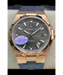 Vacheron Constantin Overseas Réplique montre miroir 1:1 en acier 904L or rose cadran gris - bracelet caoutchouc
